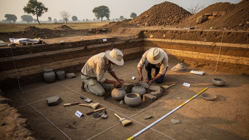 Archaeological excavation at Hastinapur showing ancient pottery