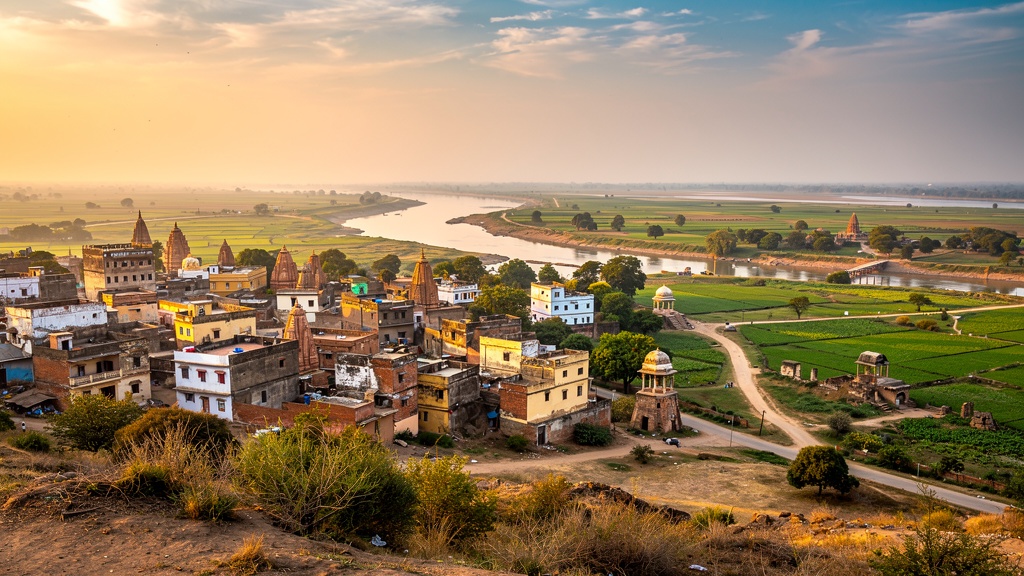 Panoramic view of Hastinapur with temple spires rising above rural landscape at golden hour